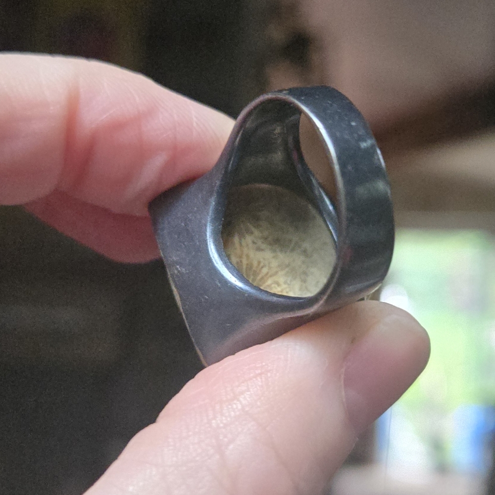 Coral Fossil Stone sterling rhodium & gold Ring sz9 - Picture 7 of 8